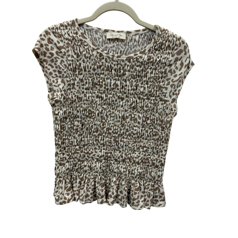 Doe and Rae Leopard Print Smocked Cap Sleeve Ruffle Hem Top Small Brown Cream